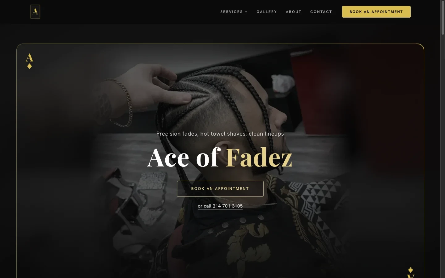The homepage of Ace of Fadez, barber in Frisco, Texas