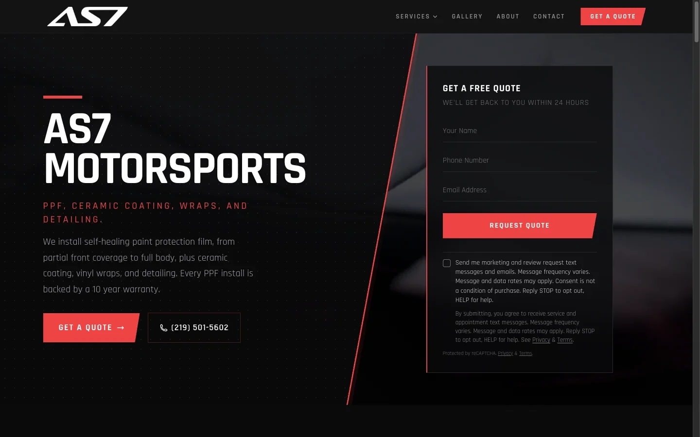 The homepage of AS7 Motorsports, paint protection, ceramic coating, detailing in Schererville, Indiana